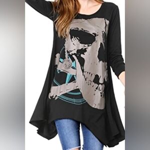 Allegra K Black SkullLong Sleeve Dress /Tunic Top Y2k Grunge  Xs